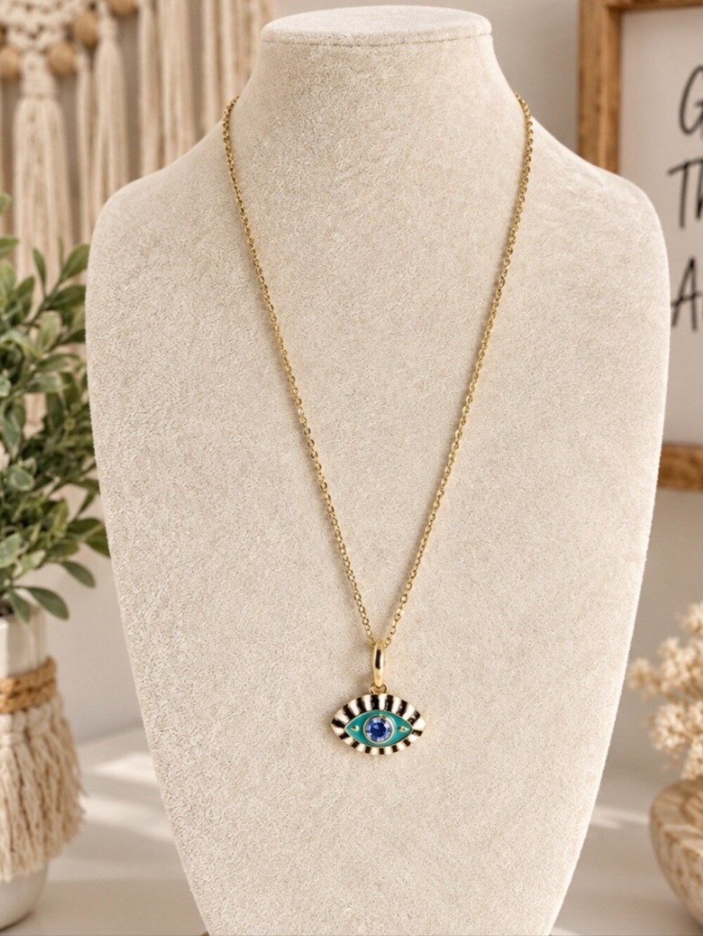 Striped Stone Evil Eye Pendent Gold Necklace New.